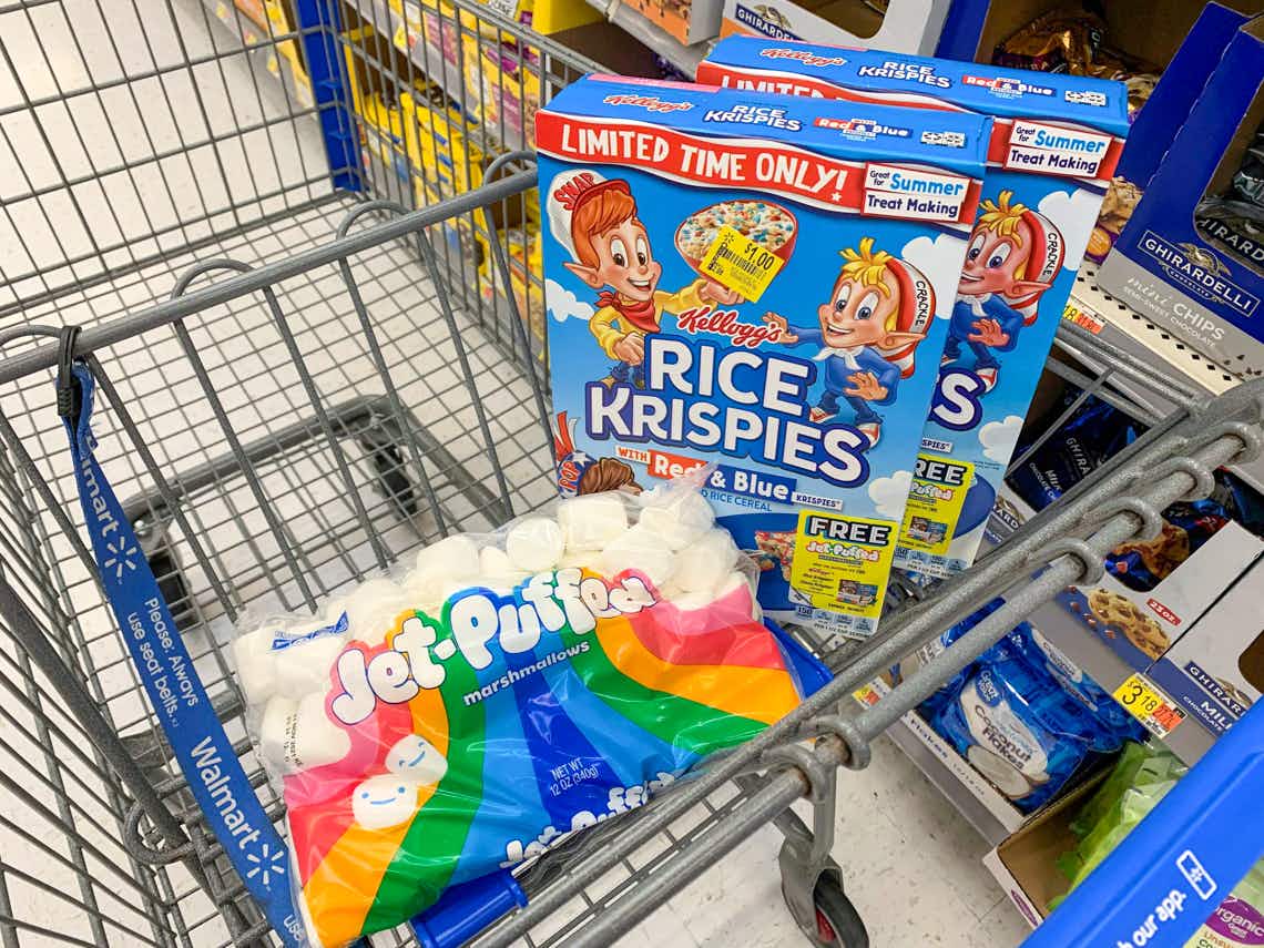 limited edition rice krispies and jet-puffed marshmallows in walmart cart