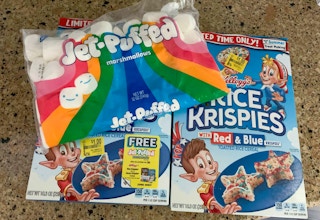 two boxes of limited edition rice krispies and one bag of jet-puffed marshmallows on countertop