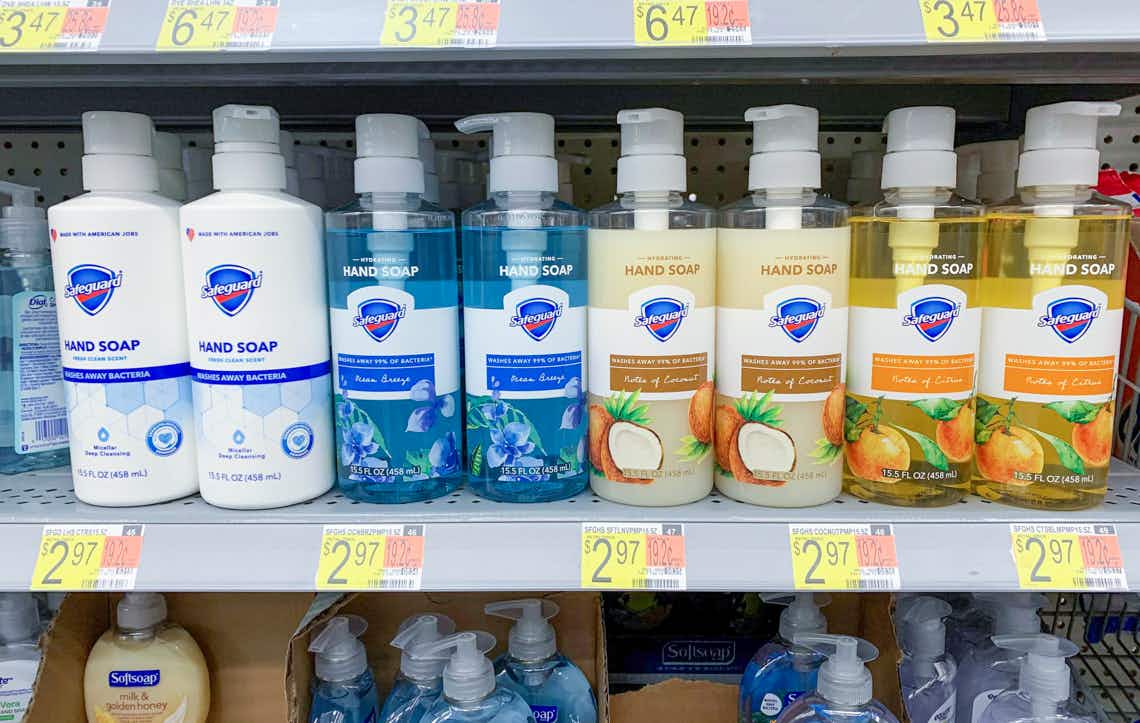 safeguard hand soap on walmart shelf in personal care section of store