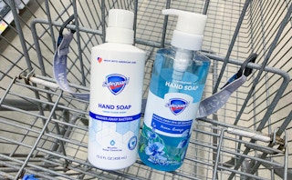 two bottles of safeguard hand soap in walmart cart