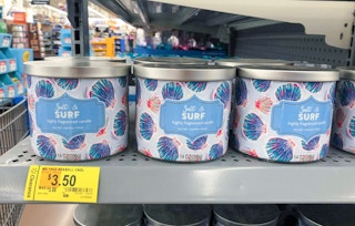 mainstays salt and surf soy candles on walmart shelf with clearance tags