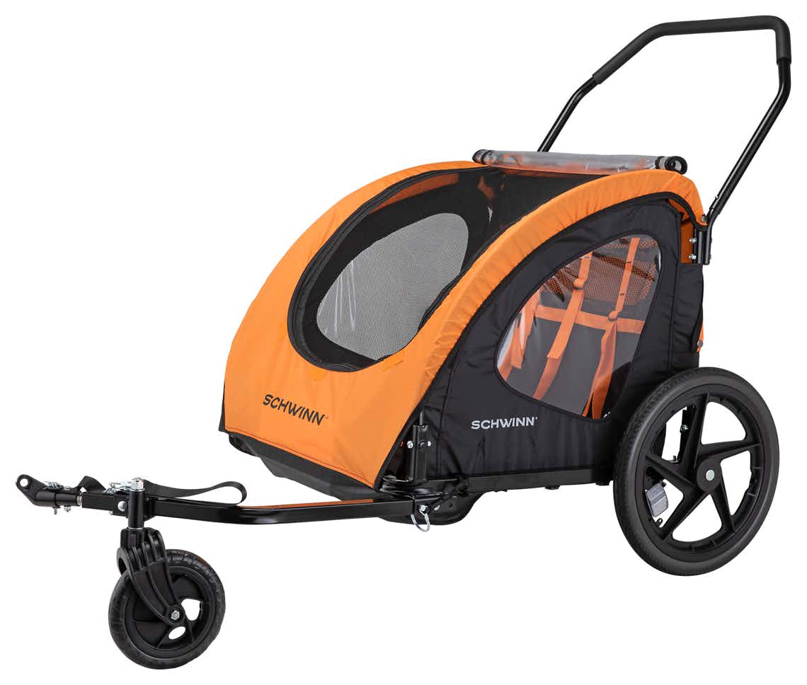 stock photo of schwinn springbrooke two passenger bike trailer on white background