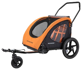 stock photo of schwinn springbrooke two passenger bike trailer on white background