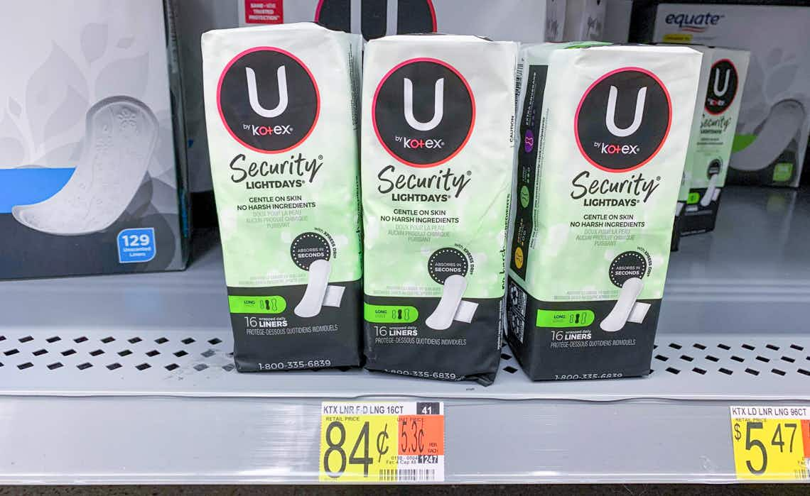 three packs of u by kotex security liners on walmart shelf