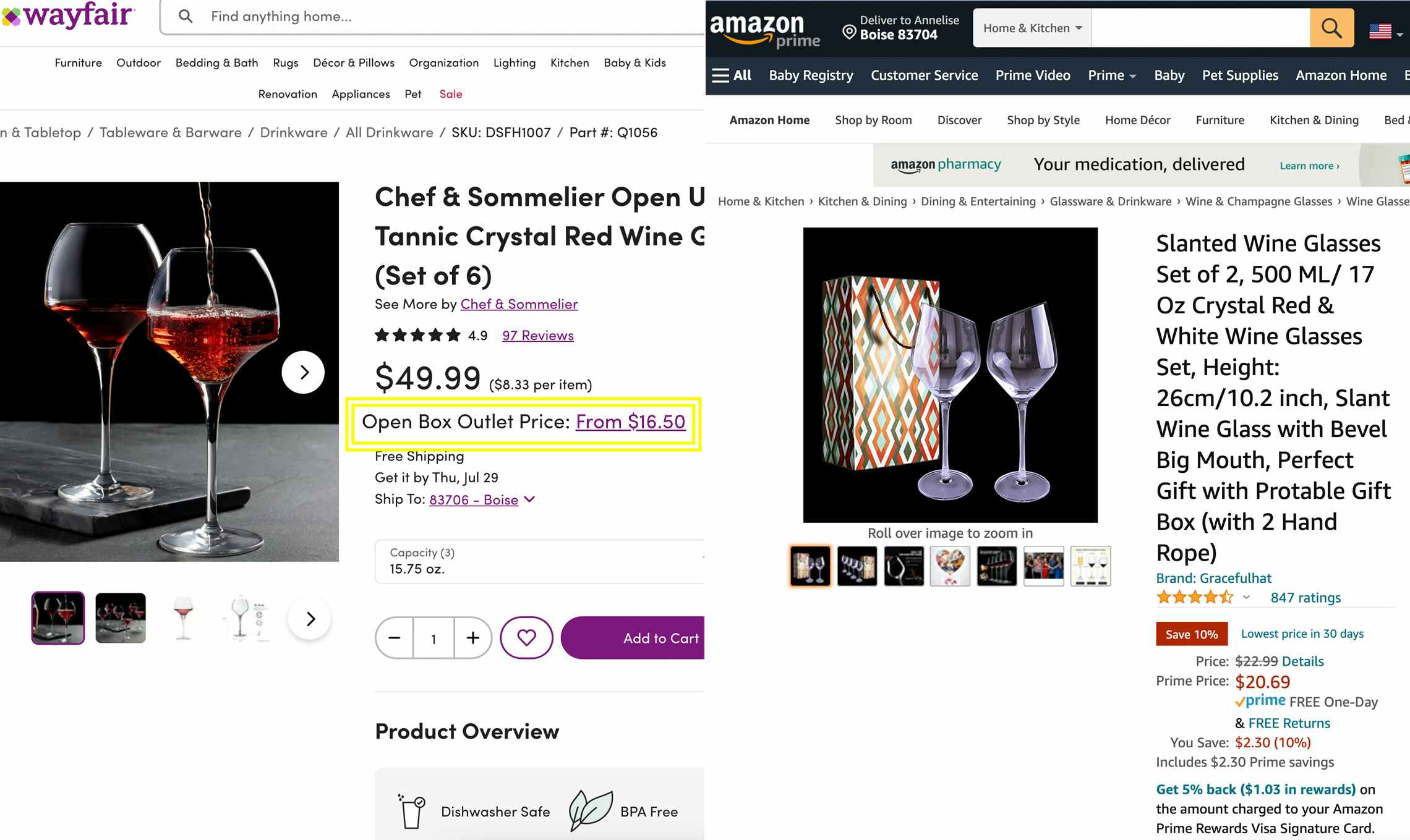 Wine glass comparison graphic between Wayfair and Amazon