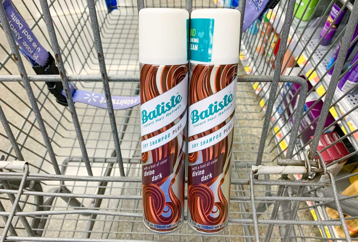 two cans of divine dark batiste dry shampoo in walmart cart