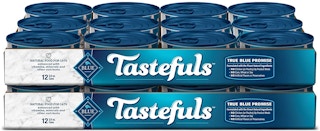 Two boxes of Blue Buffalo Tasteful cat food containers.