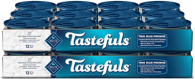 Two boxes of Blue Buffalo Tasteful cat food containers.