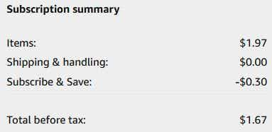 An Amazn subscription summary ending in $1.67.