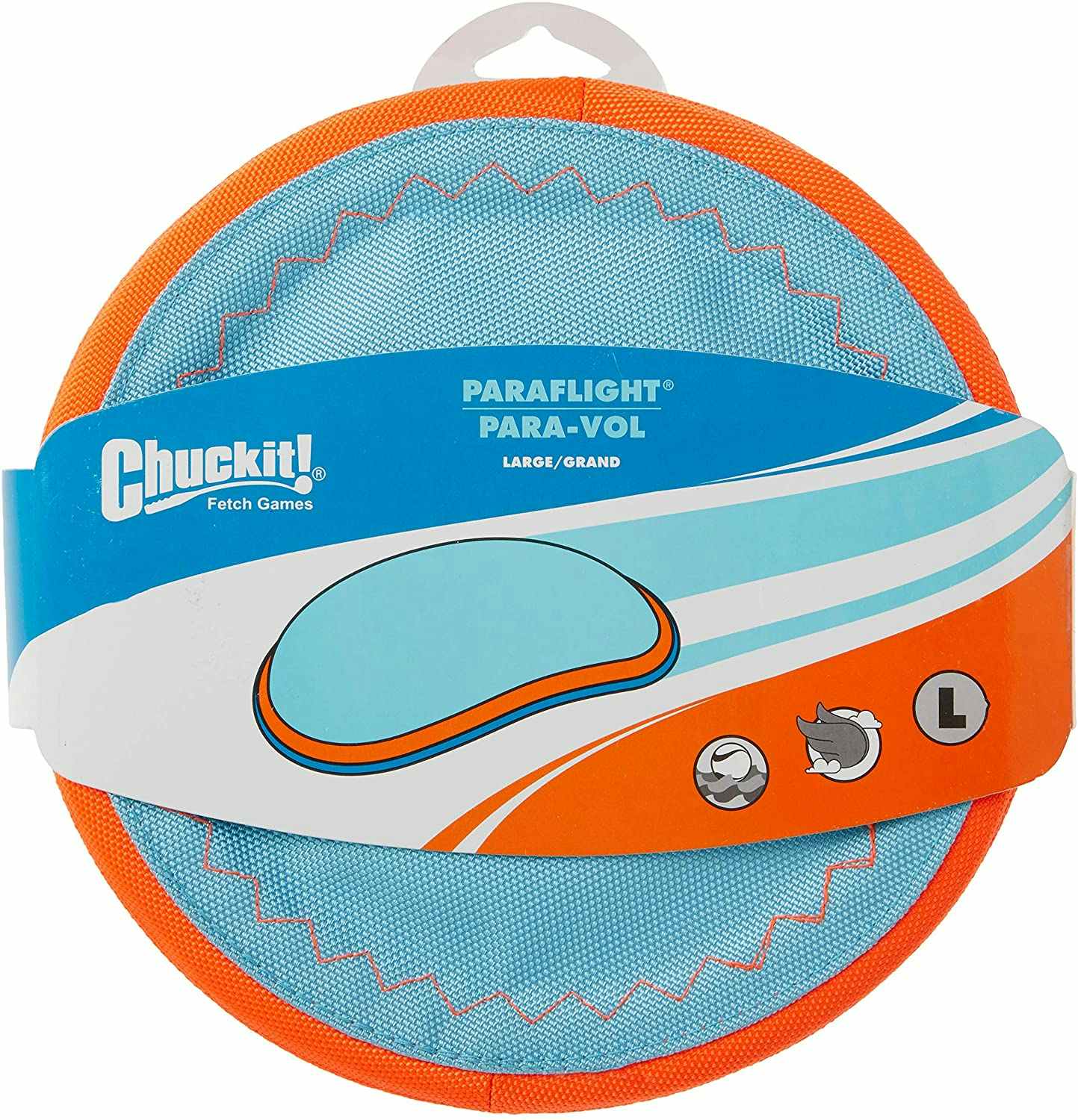 A Chuckit! Paraflight dog toy with the packaging on.