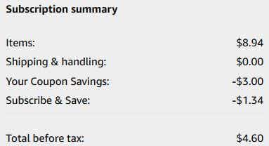 An Amazon subscription summary ending in $4.60.