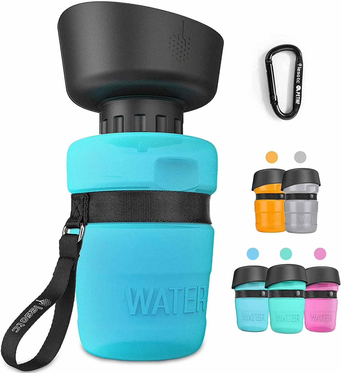 A pet water bottle in a variety of different colors.