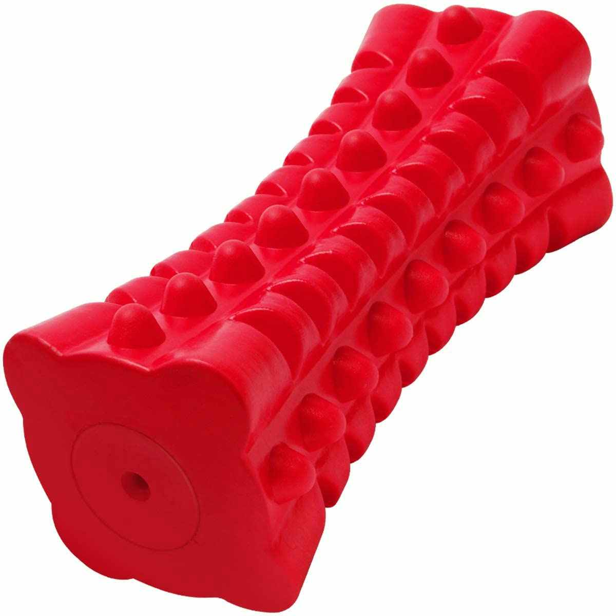 A red cube-shaped bone dog toy.