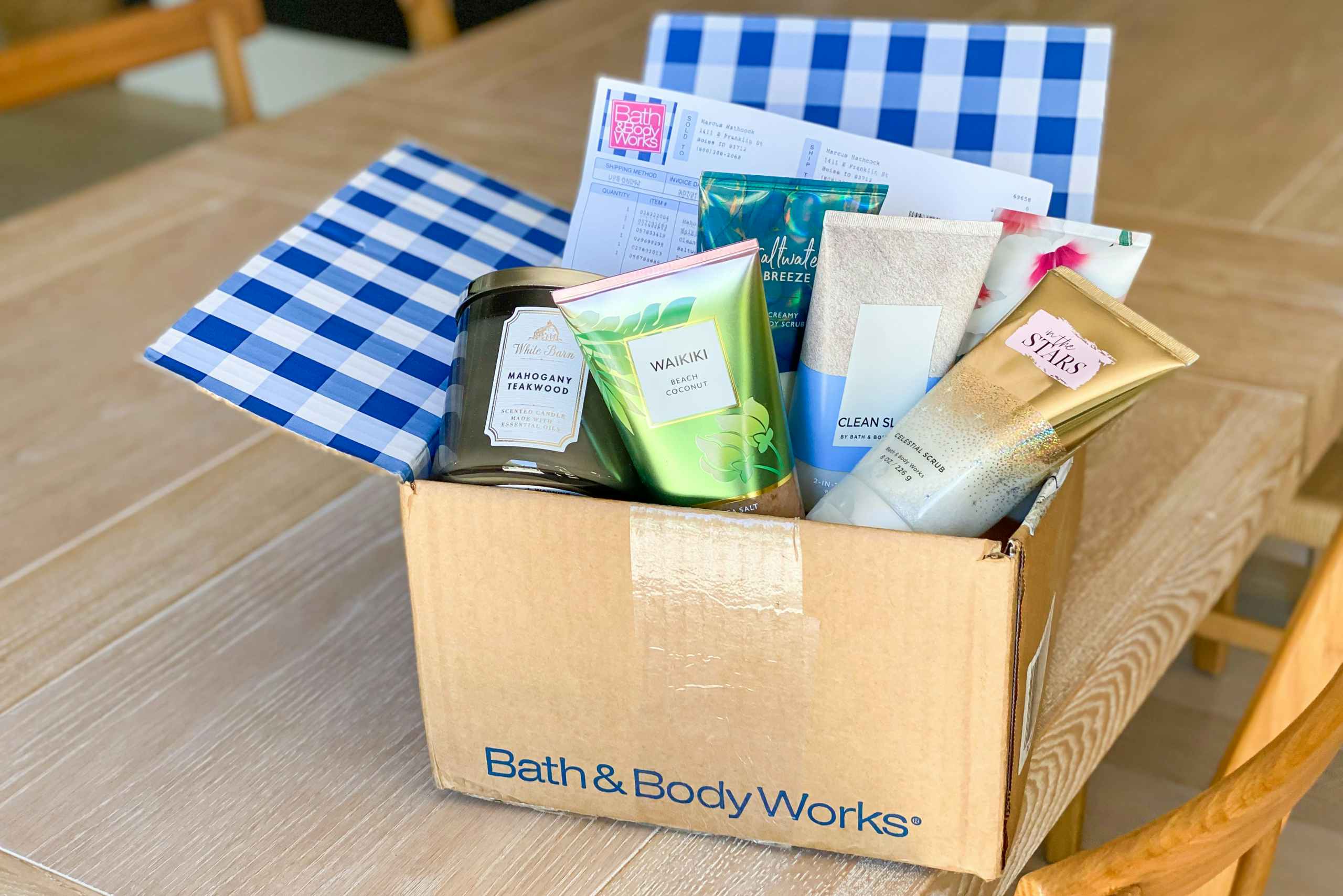 a Bath & Body Works online order in a box on a table