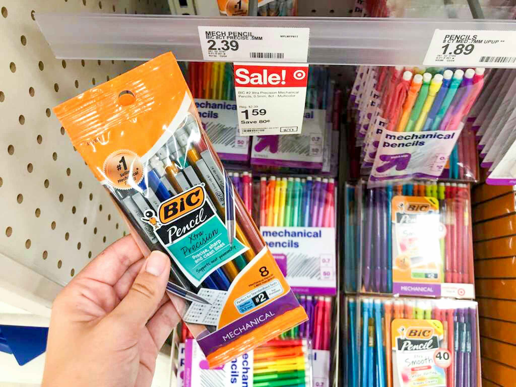 hand holding bic mechanical pencils in front of target sale tag