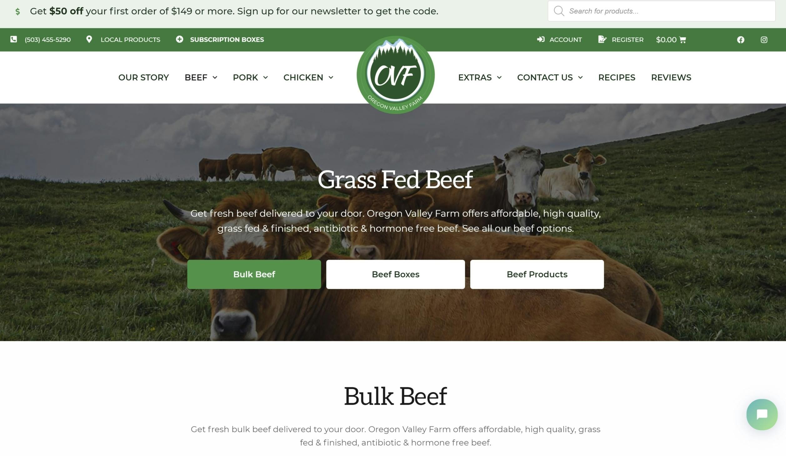 screenshot of bulk beef website