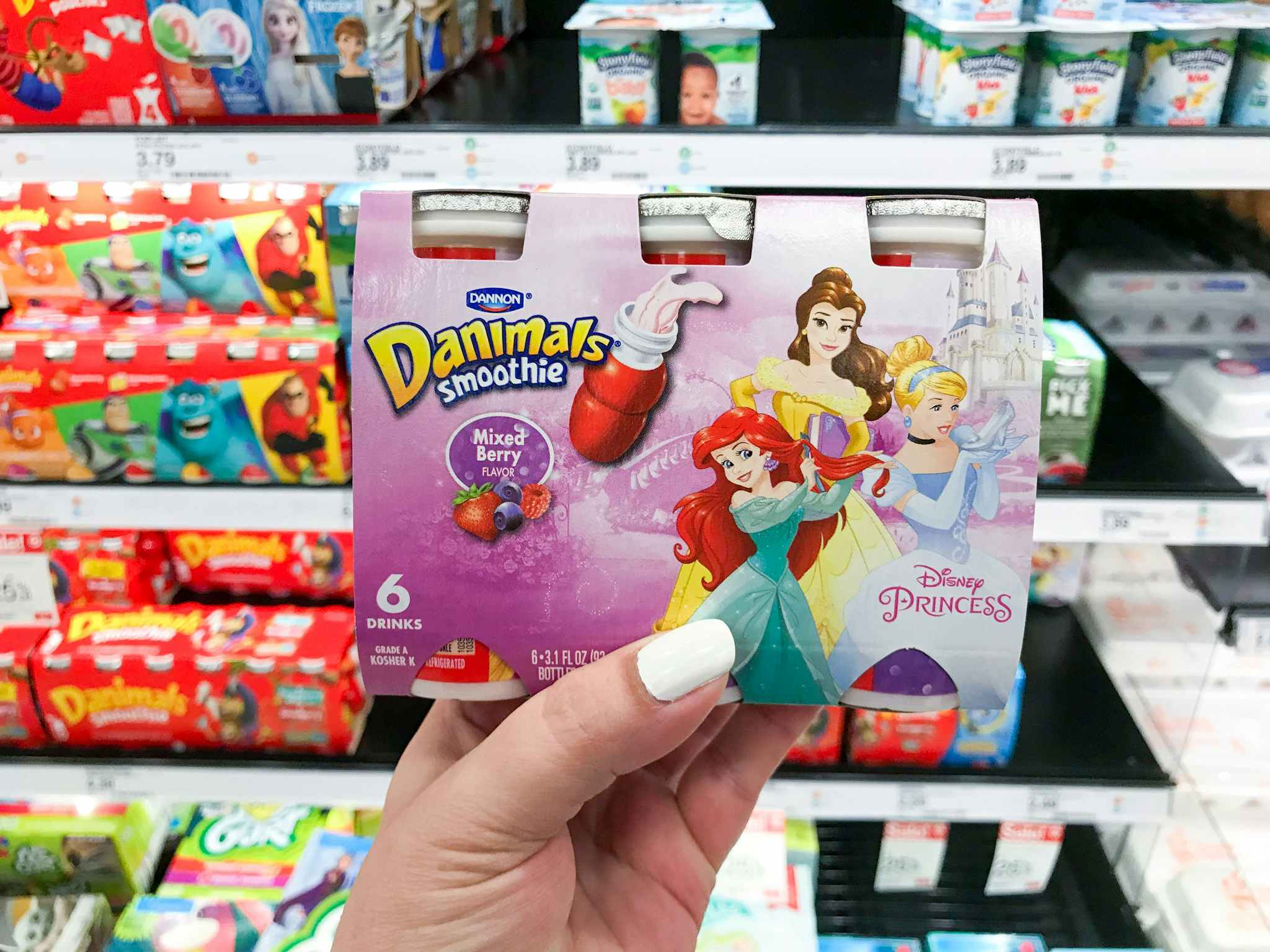 hand holding danimals smoothies at target