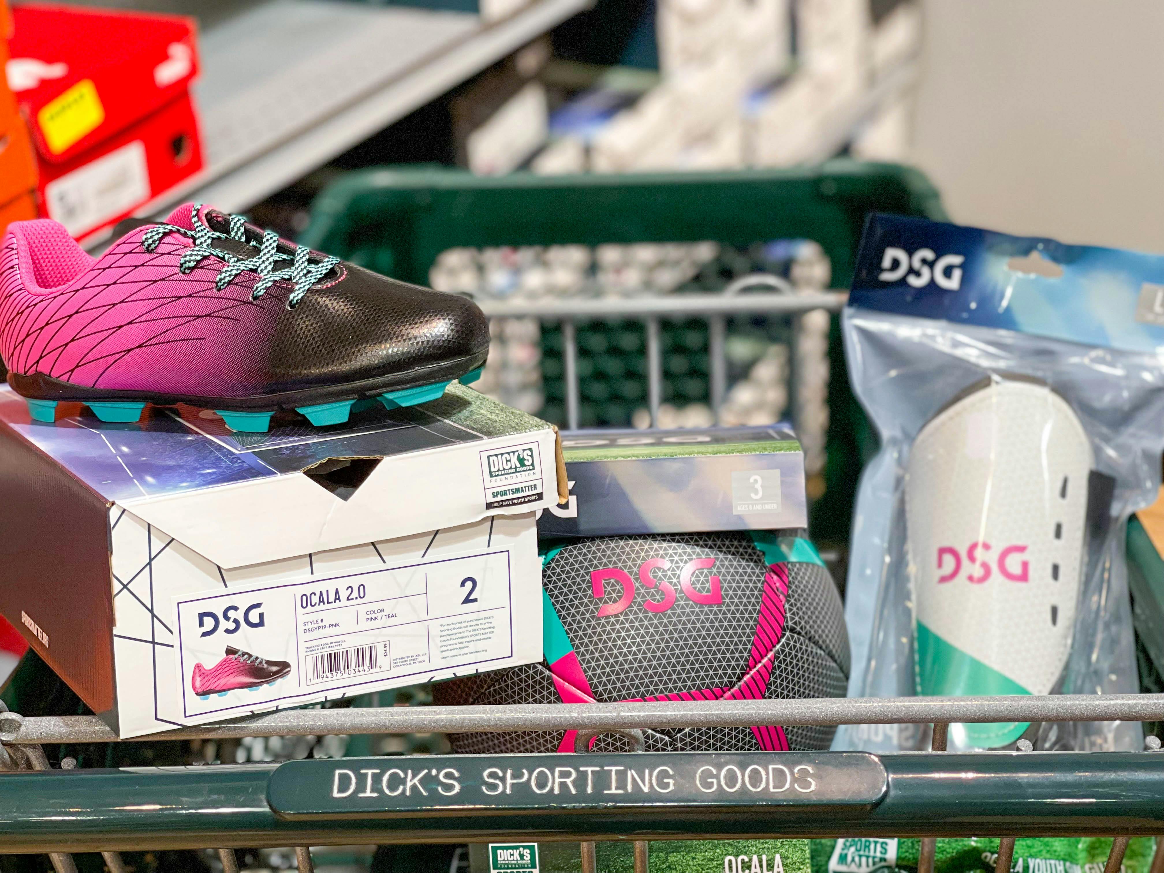 Girls soccer gear in a dicks sporting goods shopping basket