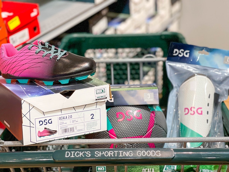 Girls soccer gear in a dicks sporting goods shopping basket