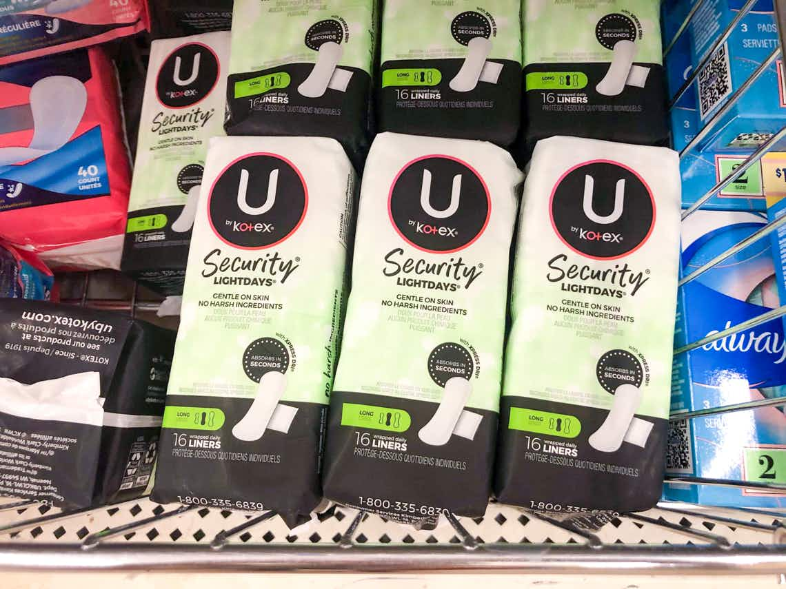 u by kotex security lightdays liners in bin at dollar tree