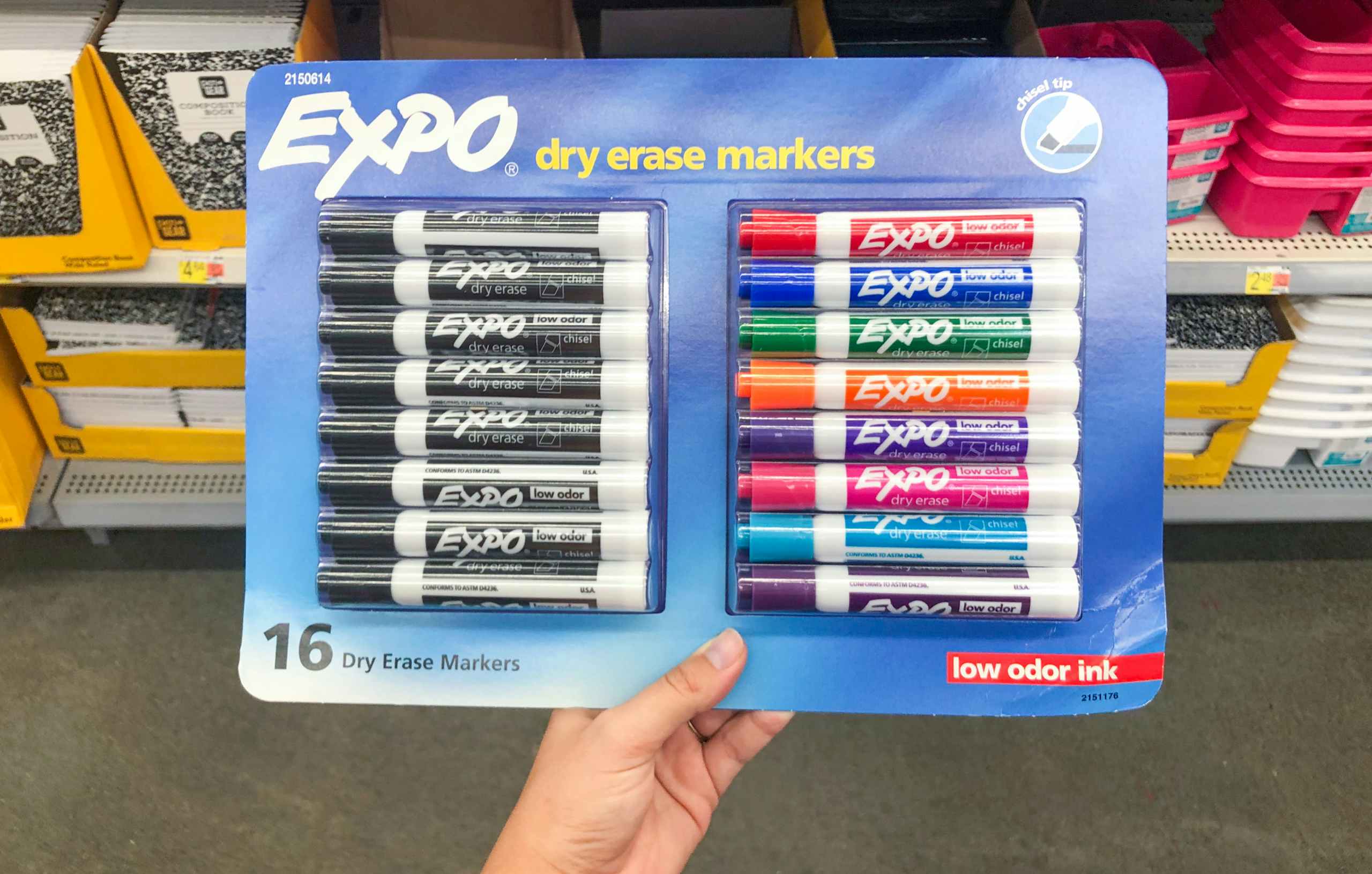hand holding 16-pack of Expo markers at Walmart