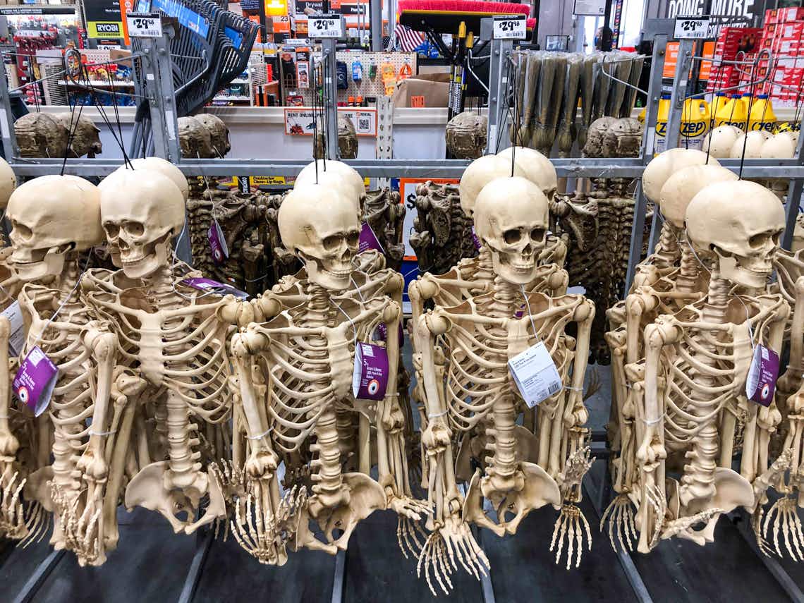 hanging posable skeletons on display at home depot