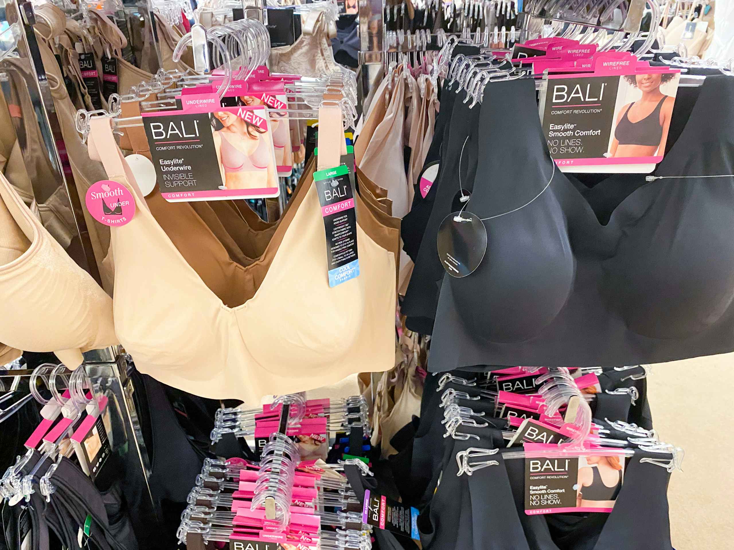 a display of Bali bras on hangers in the bra section of macys