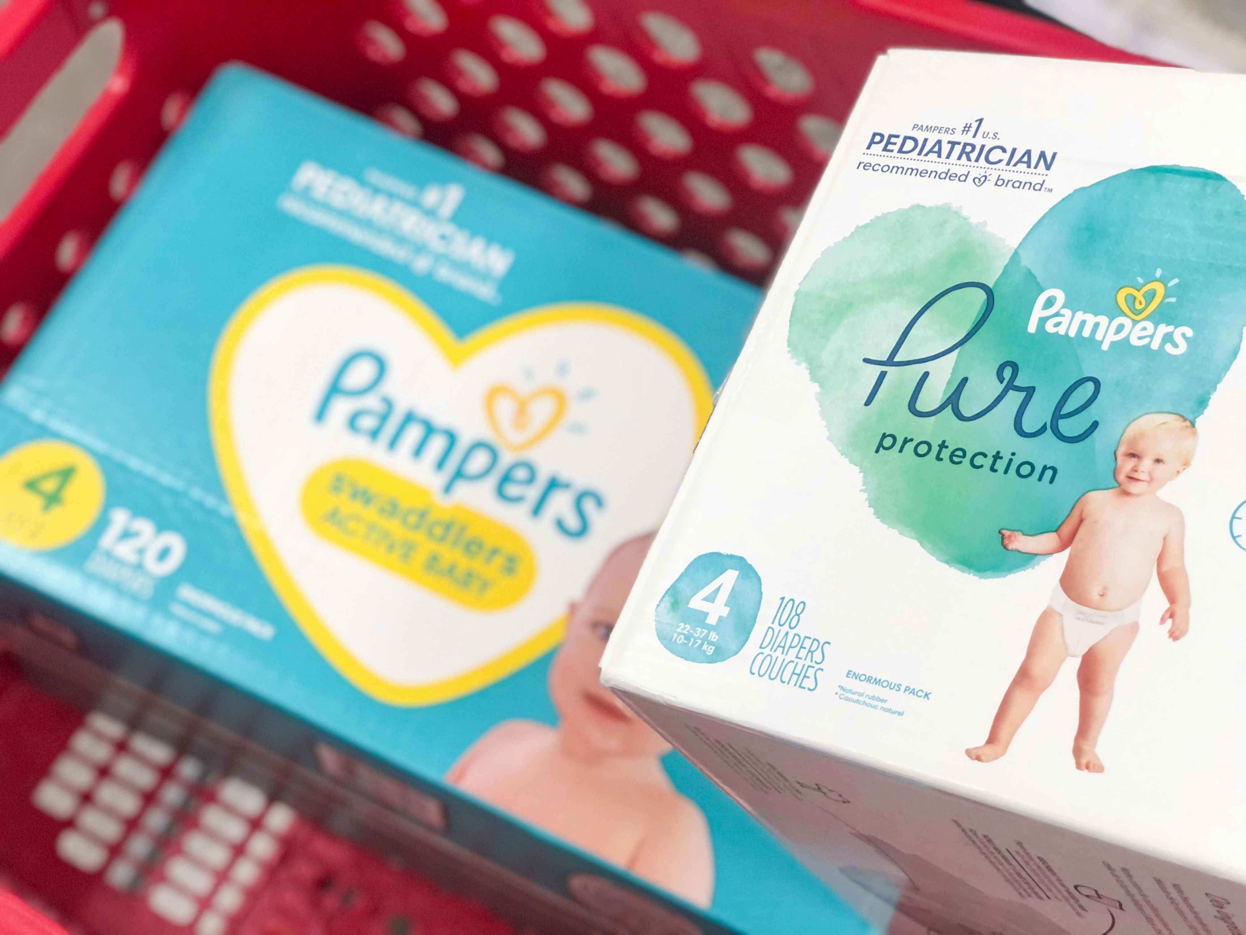 Pampers boxes in shopping cart