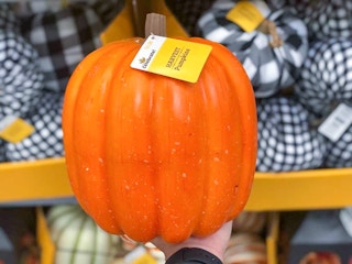 hand holding an orange pumpkin at walmart