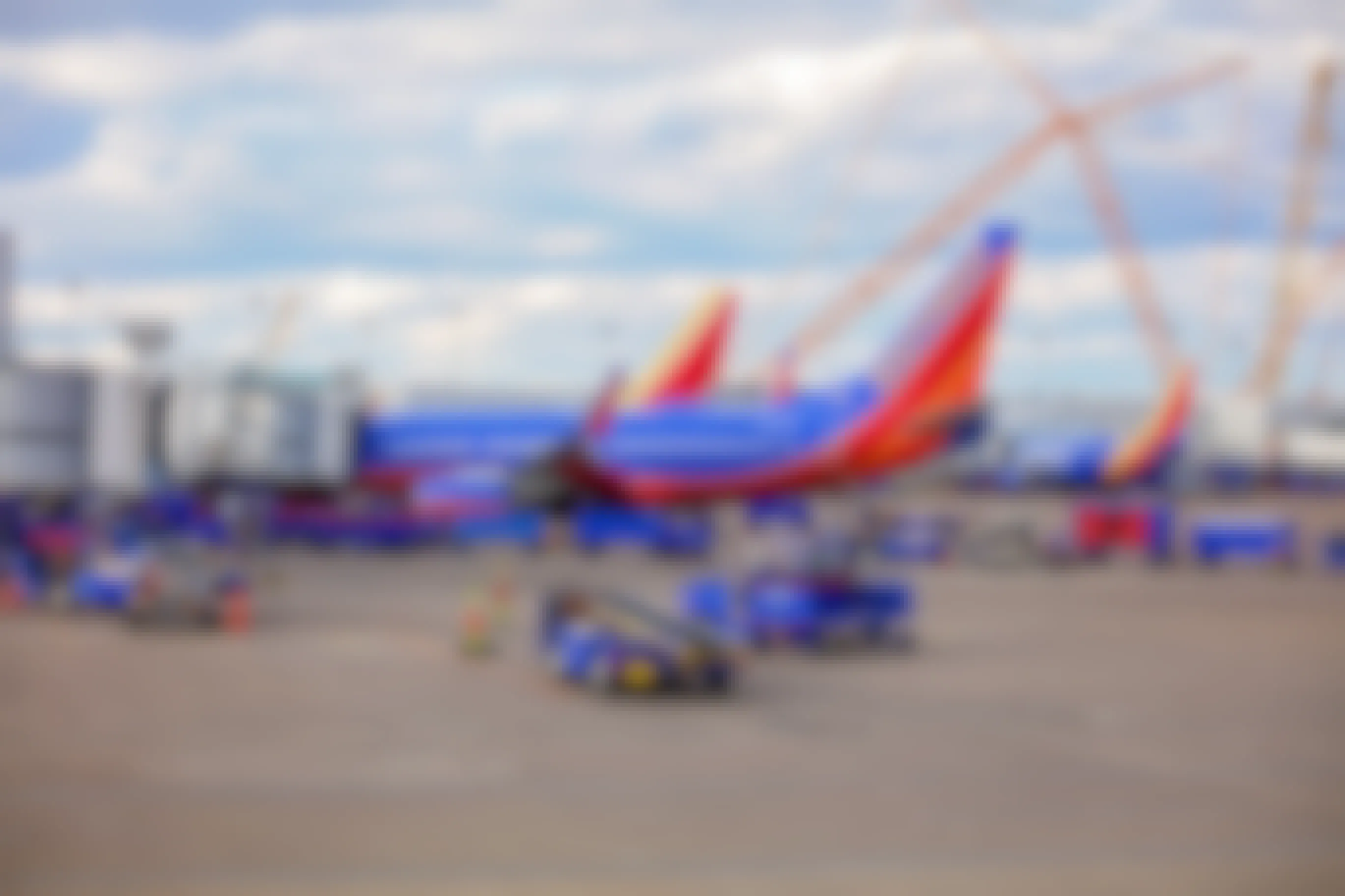 Southwest airlines parked at an airport.