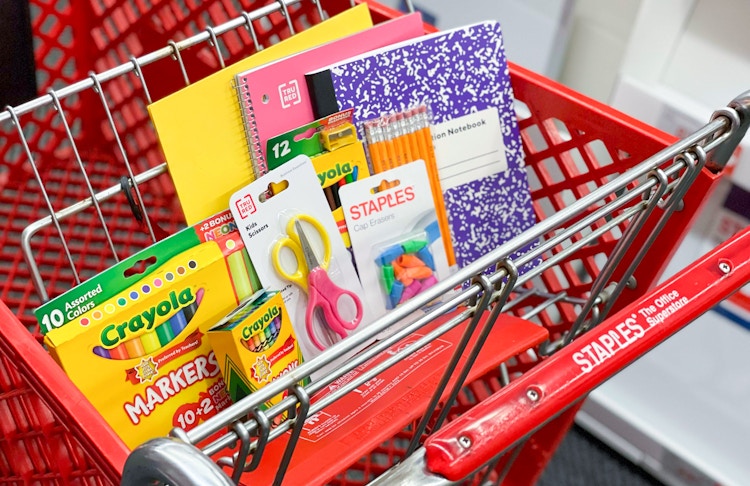 staples cart with school supplies