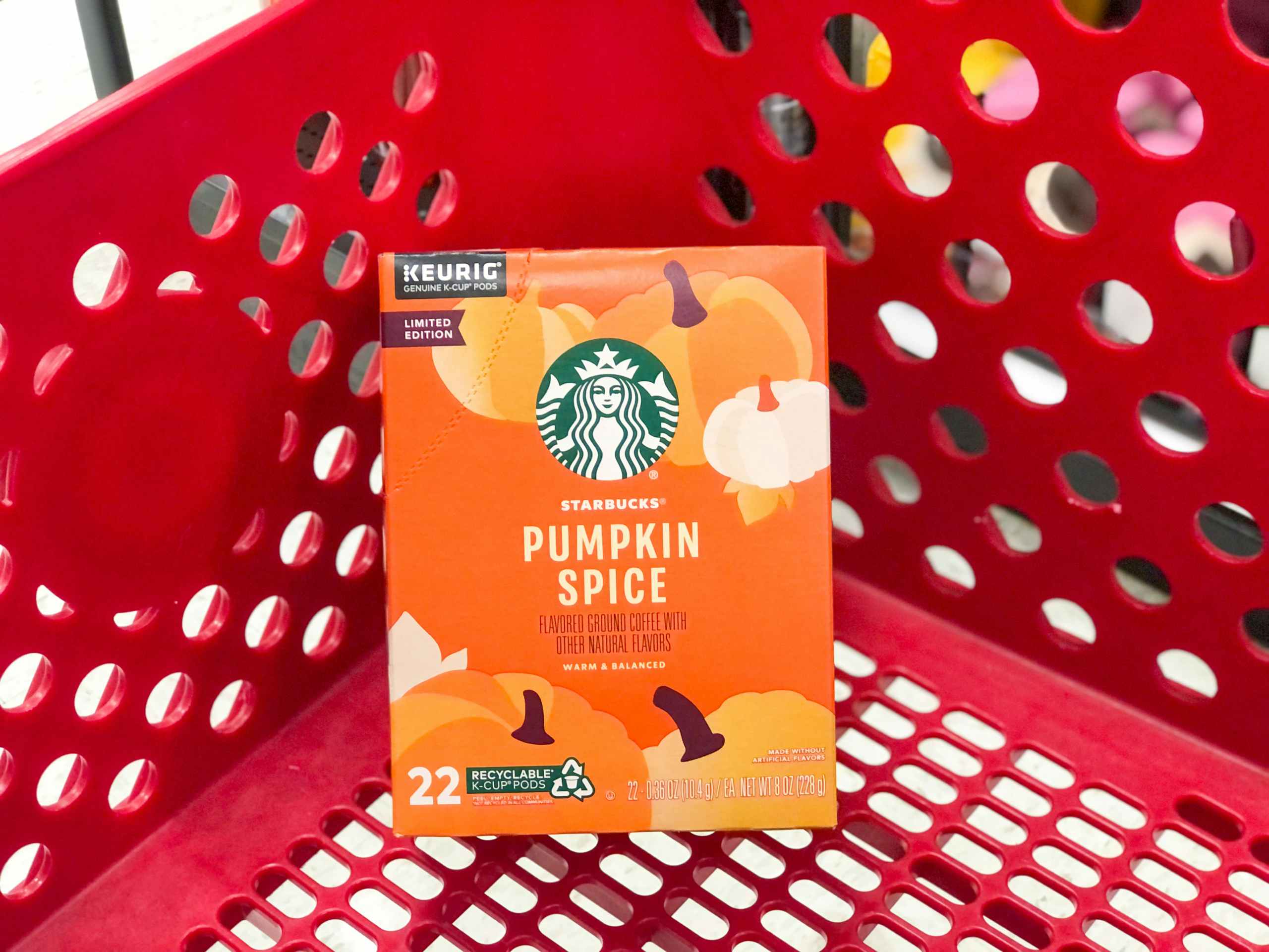 box of Starbucks k-cups in Target shopping cart