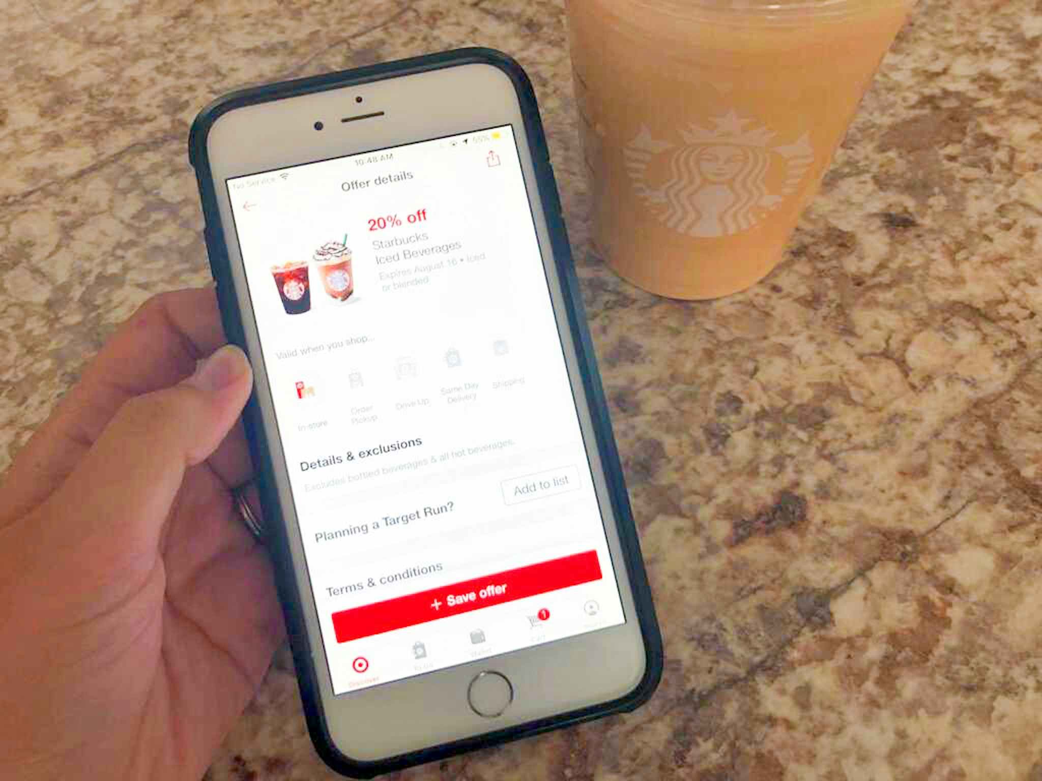 phone showing the target circle offer for starbucks iced beverages