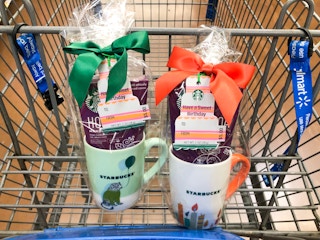 starbucks gift mugs in shopping cart at Walmart