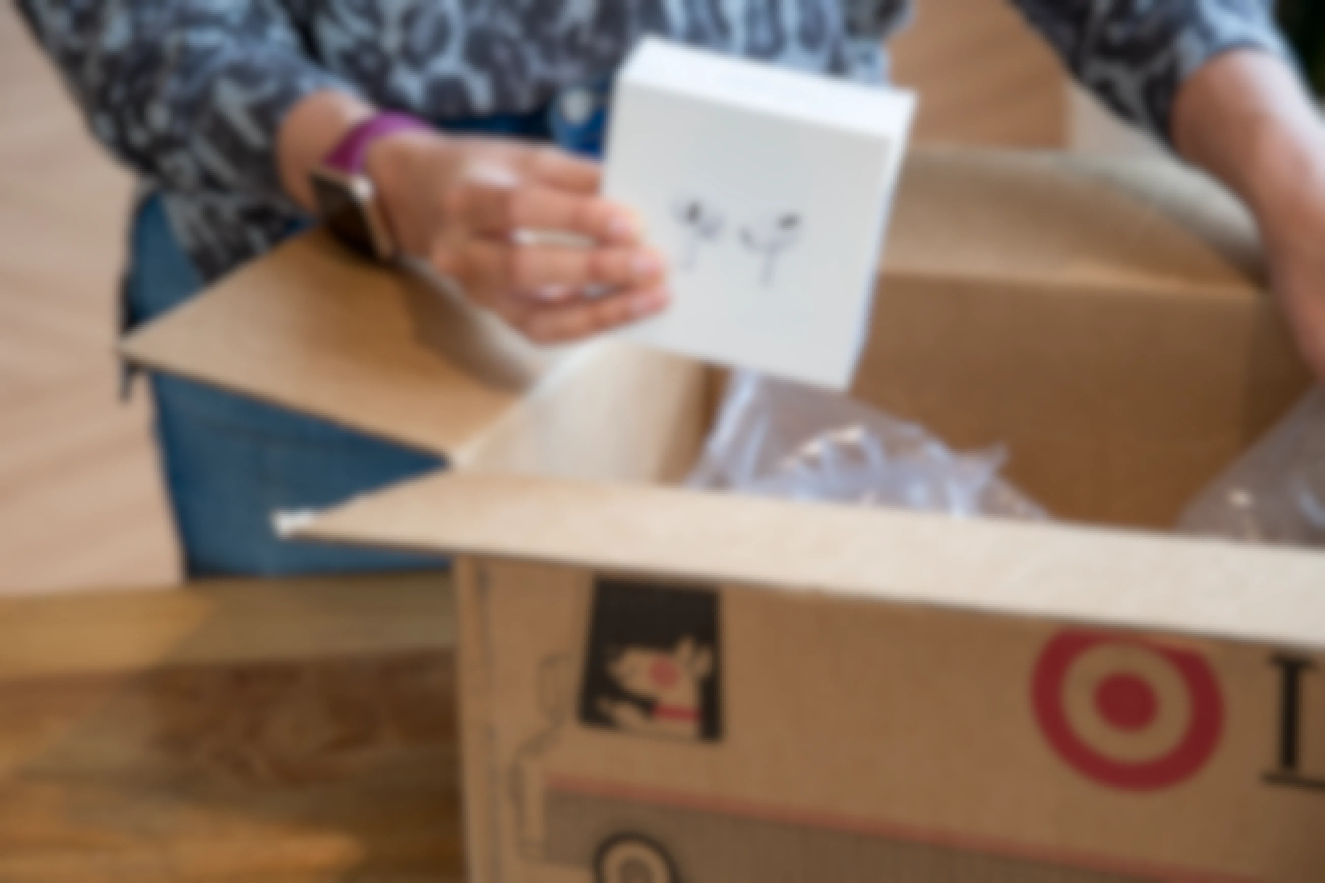 A person's hand pulling a box of airpods out of a Target delivery box.
