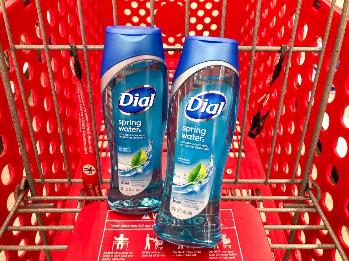 two bottles of dial body wash in target cart