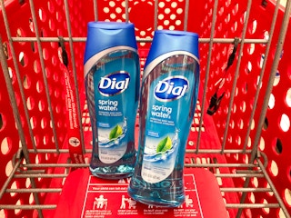 two bottles of dial body wash in target cart