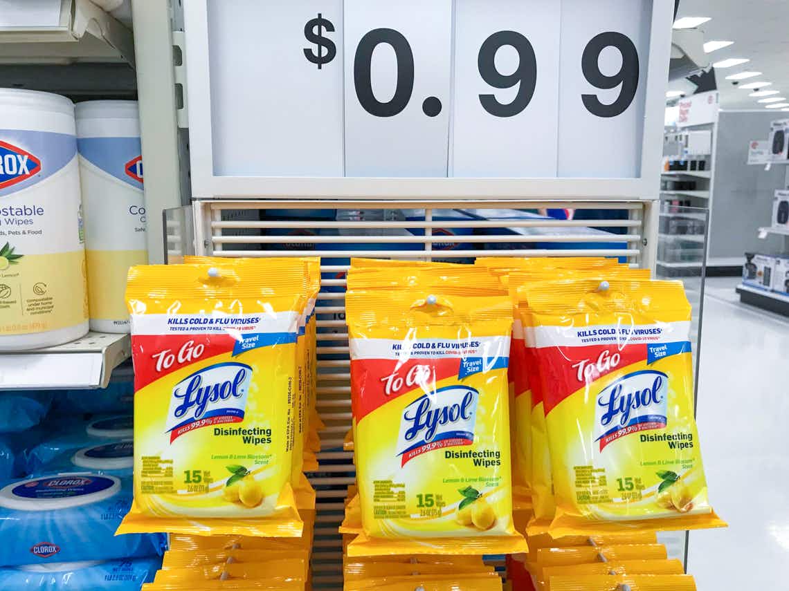lysol to go wipes hanging on hooks at target