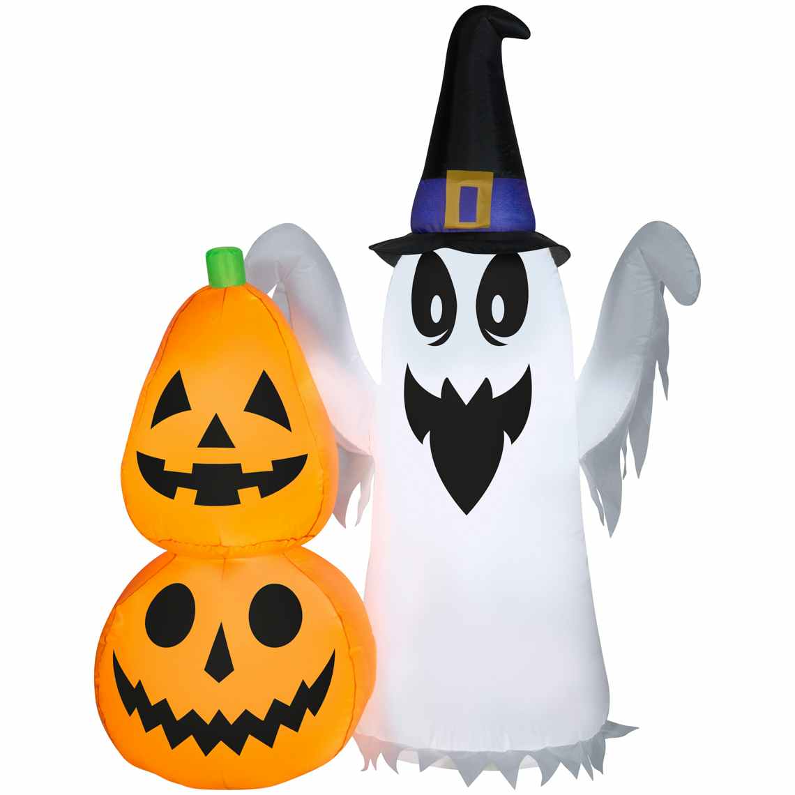 stock photo of inflatable ghost and pumpkins on white background