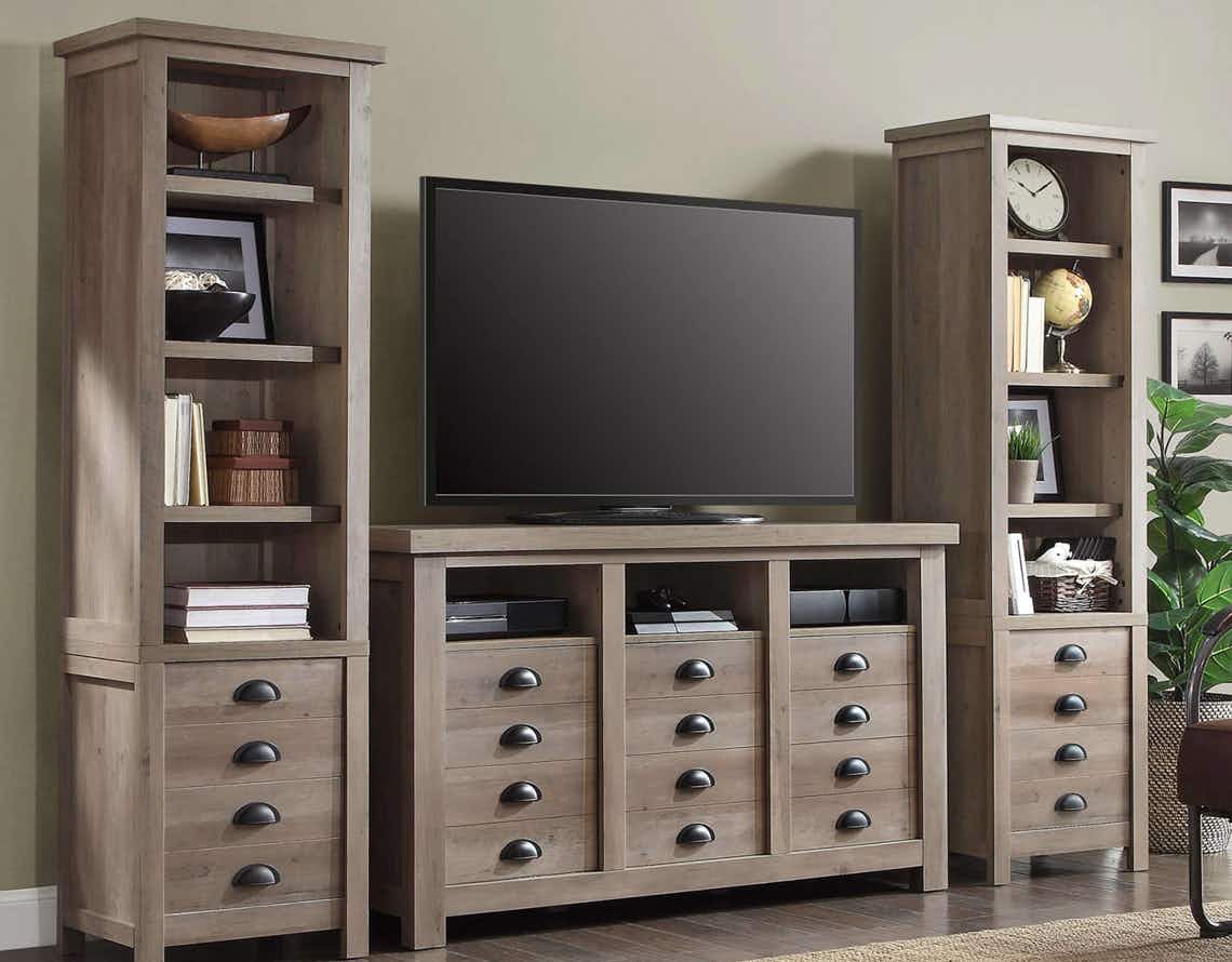 stock photo of better homes and gardens farmhouse bookcase staged in living room