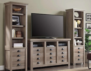 stock photo of better homes and gardens farmhouse bookcase staged in living room