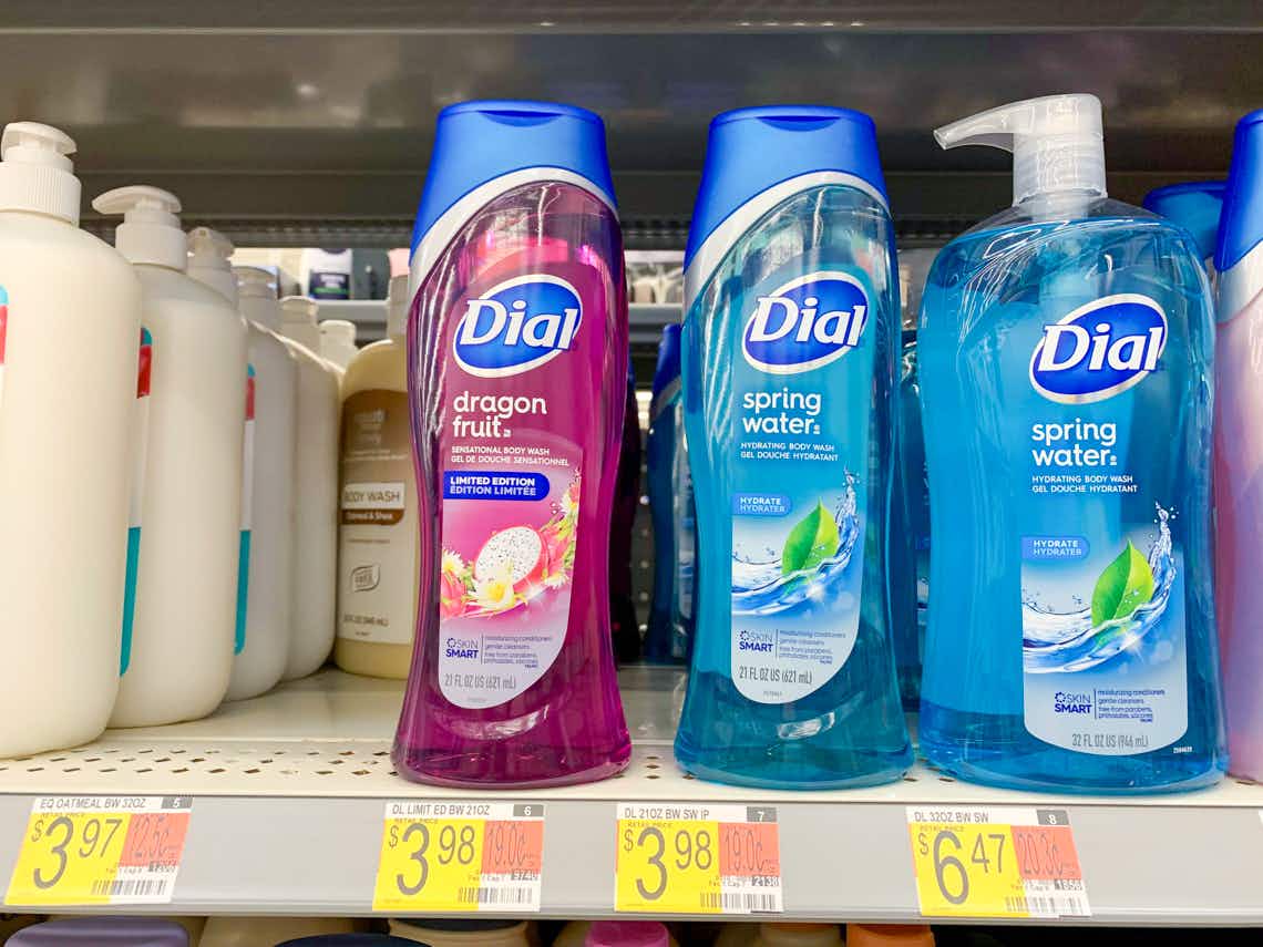 bottles of dial body wash on walmart shelf