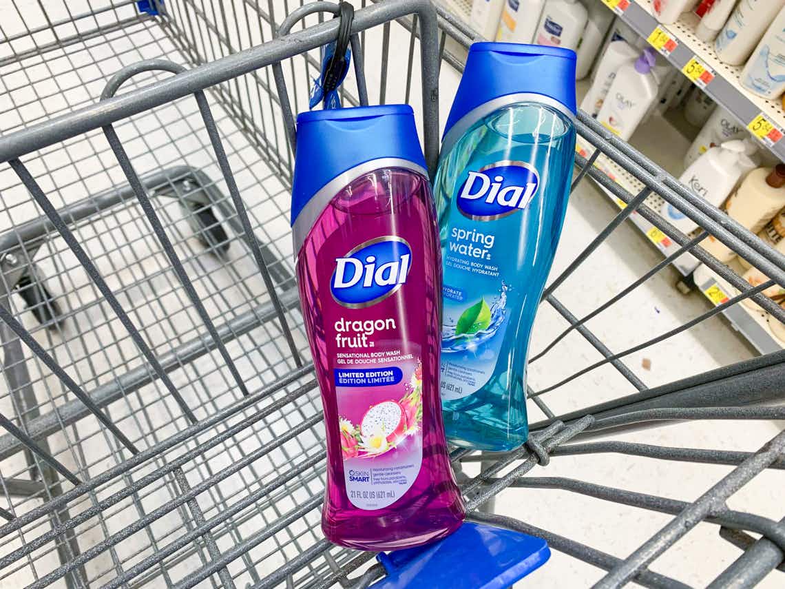 two bottles of dial body wash in cart