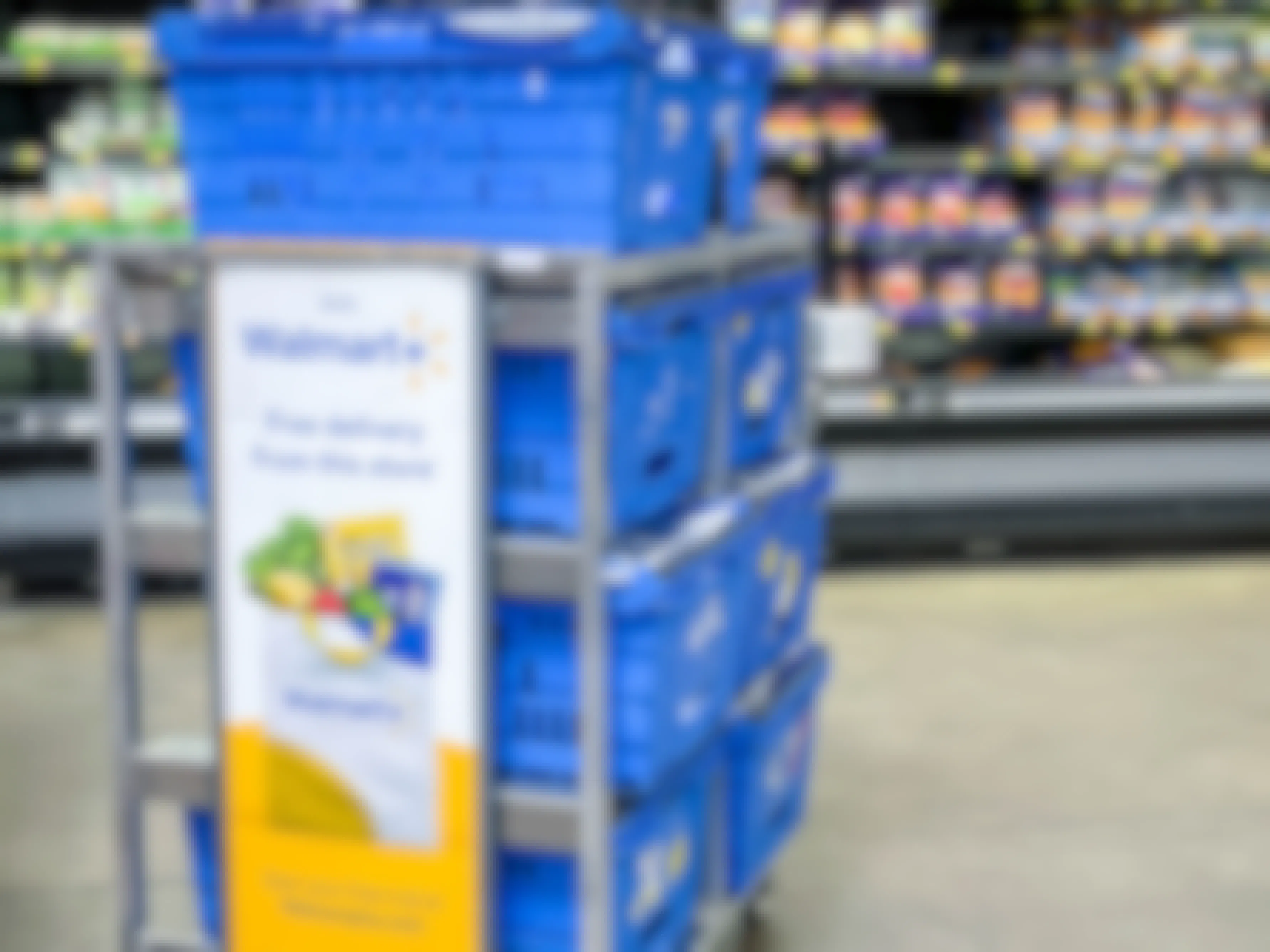 walmart plus sign in store on employee basket advertising free delivery and free trial of Walmart plus