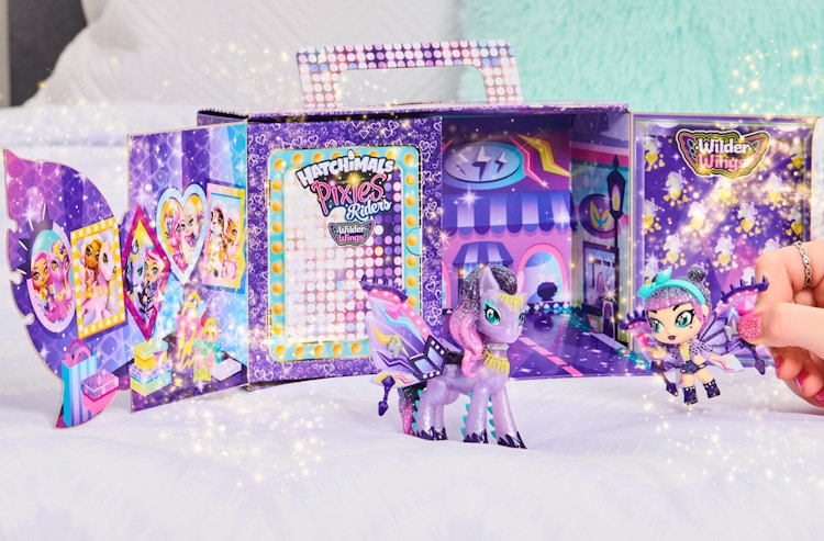 stock photo of hatchimals pixies riders toy staged on table