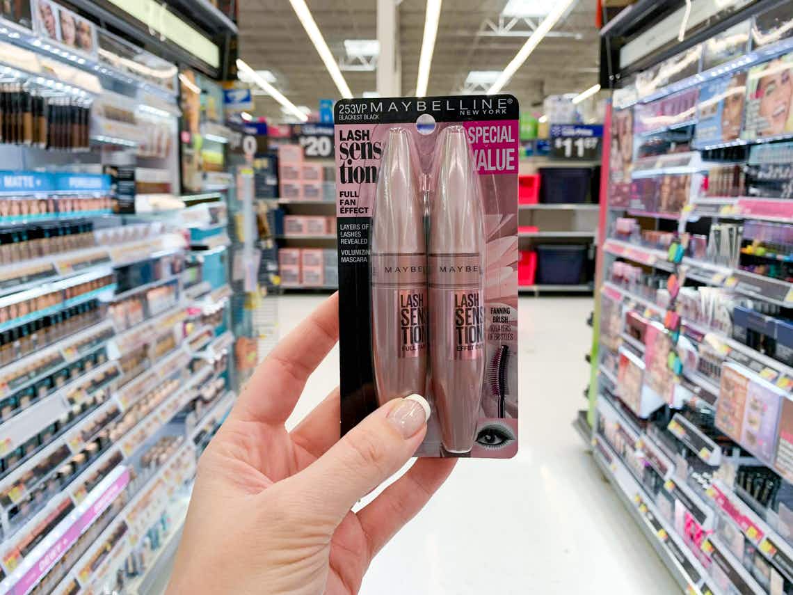 maybelline lash sensation mascara special two pack held up in center of aisle