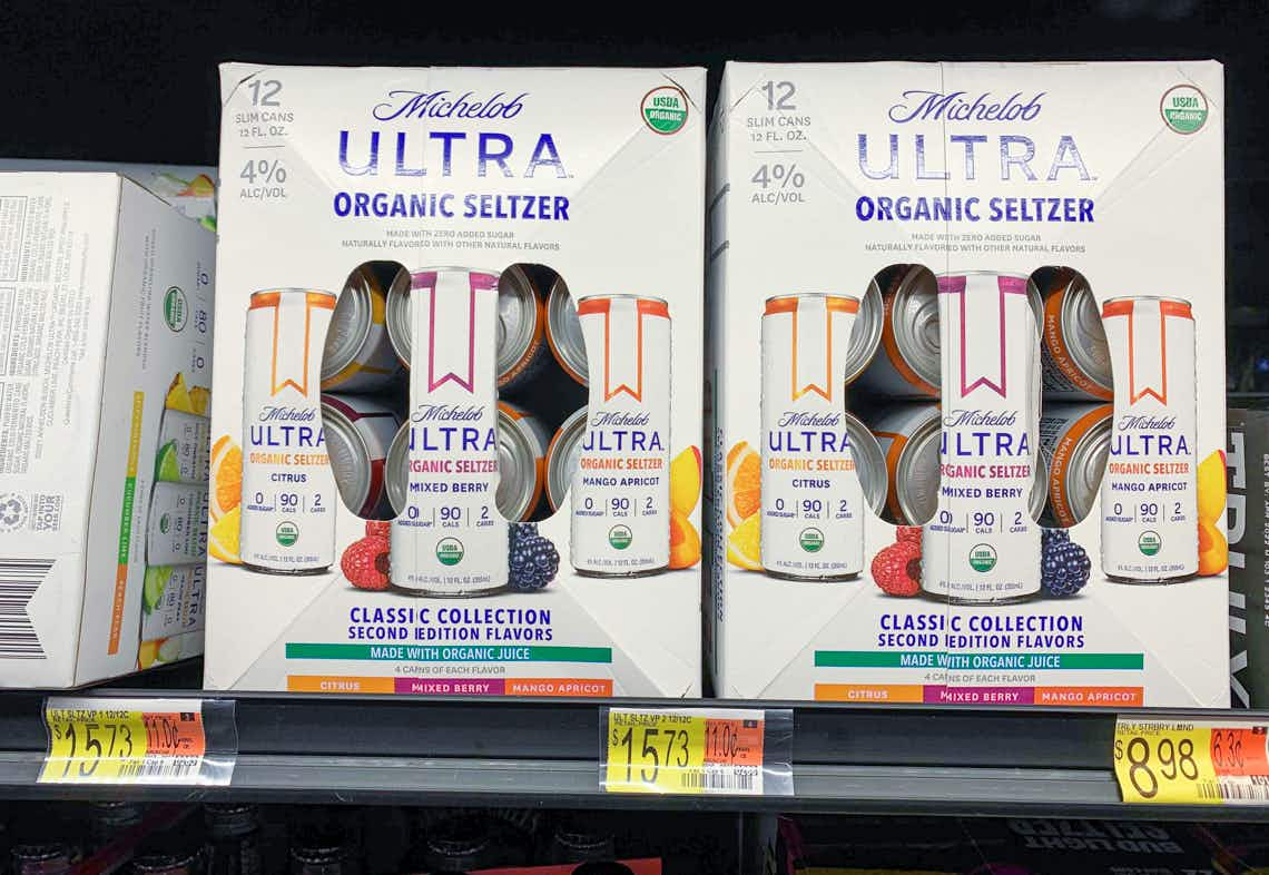 michelob ultra organic seltzer twelve pack on shelf in walmart cooler