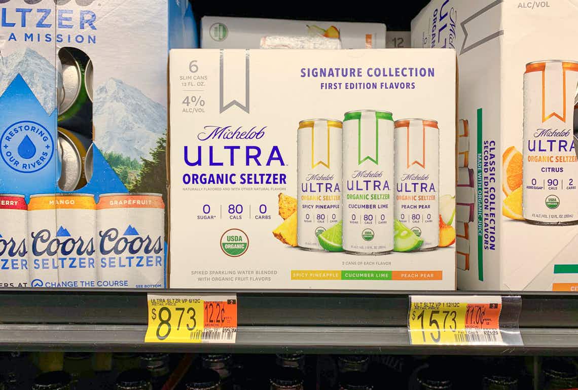 michelob ultra organic seltzer six pack on shelf in walmart cooler