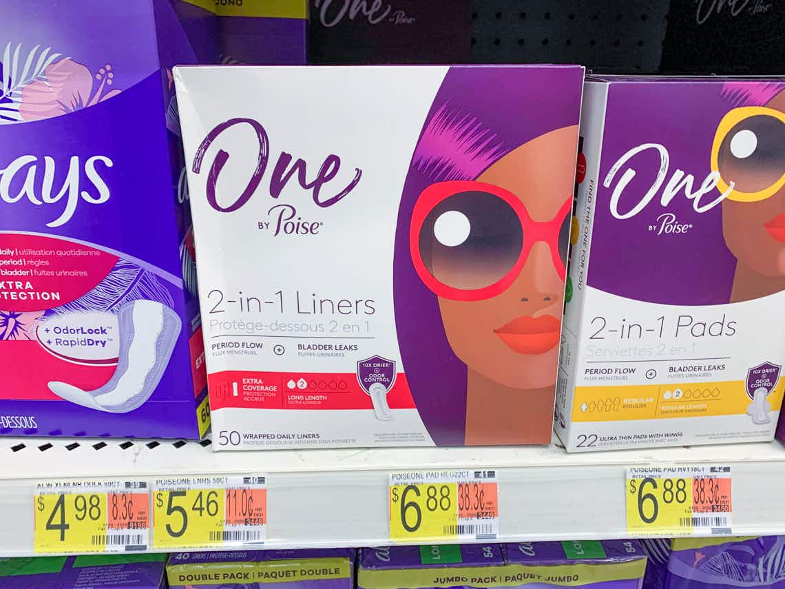 one by poise liners on walmart shelf