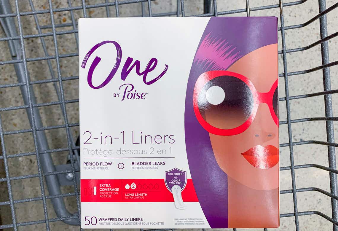 box of one by poise liners in walmart cart
